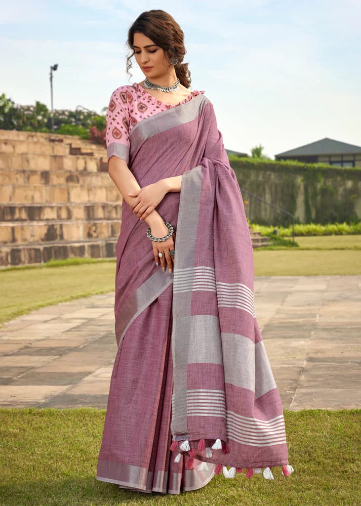 Linen Saree with Zari Border